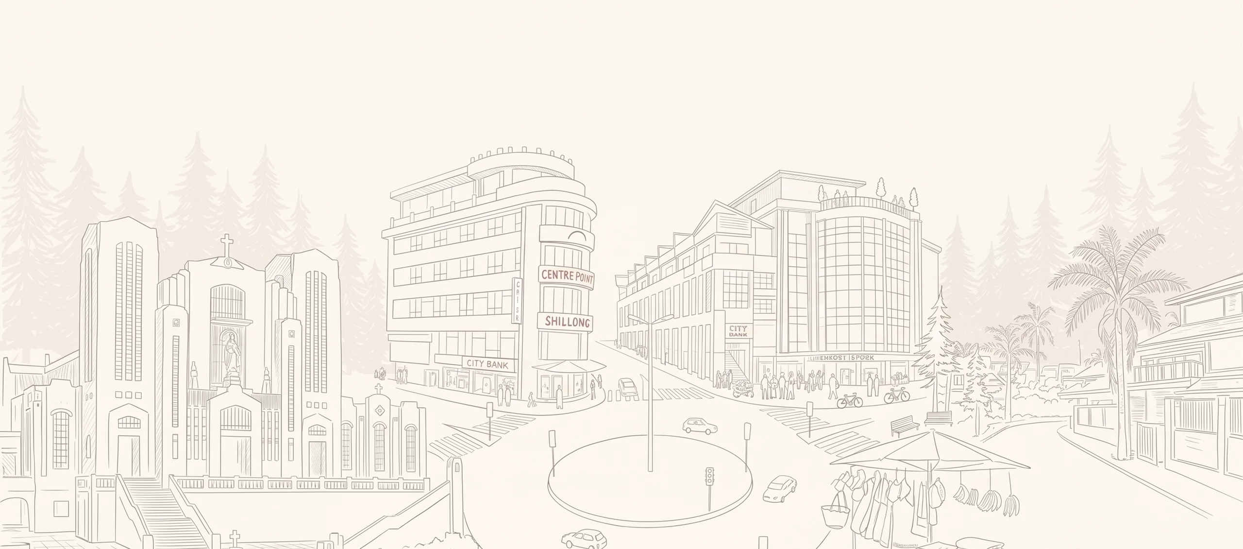 Hand-drawn sketch of the Shillong streetscape — Centre Point, the cathedral and the city pines